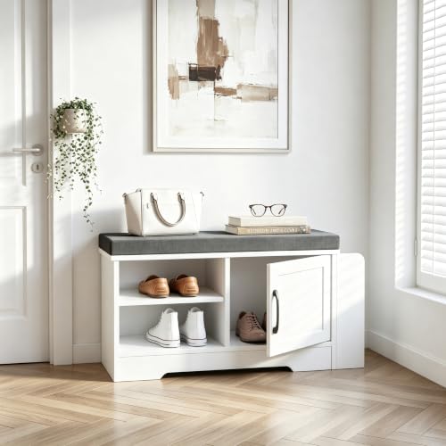 Farmhouse Shoe Storage Bench with 3-in-1 Entryway Storage & Padded Seat | 27.8" Wide Entryway Bench with Adjustable Shelves, Shoe Organizer & Side Storage Rack for Living Room, Bedroom, White - size: 27.8" Wide