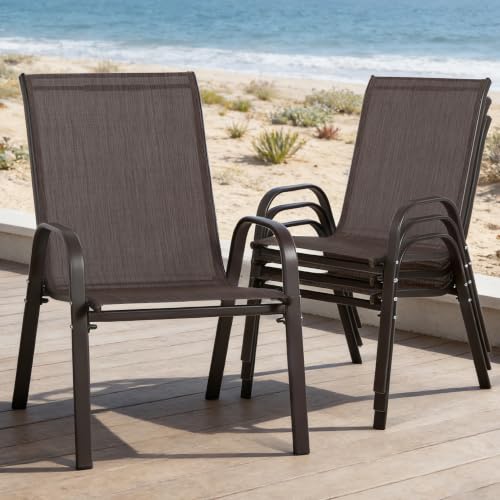 24.4" Wide Outdoor Patio Stackable Chairs Set of 4, Brown | Stacking Patio Chairs with Textilene Fabric, Outside Furniture for Garden Backyard Balconie Poolside Deck - color: 4 Brown Chairs
