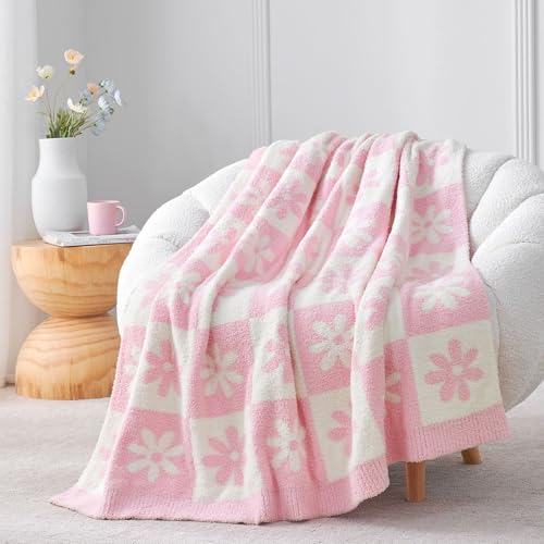Snuggle Sac Checkered Blanket, Pink Flower Throw Blanket for Couch Plaid Microfiber Fluffy Warm Cozy Fuzzy Soft Throw Blanket Reversible Checkered Blankets for Sofa, Chair, Bed, 60x80 inches - color: Baby Pink Flower, size: Twin(60"x80")