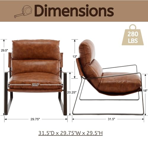 LukeAlon Modern PU Leather Accent Armchair, Brown | Pu Leather Upholstered Living Room Chair With Brass Frame & Thickened Cushion, Comfy Single Lounge Sofa for Bedroom, Office - color: Brown-lychee Grain