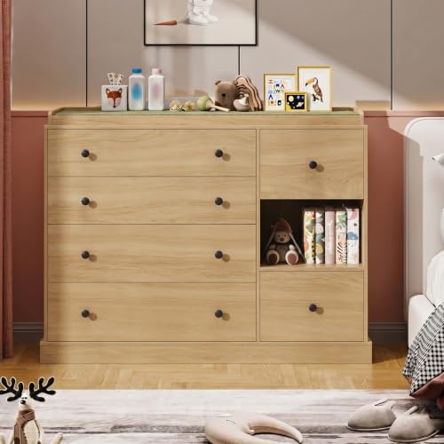 Kids Dresser Cabinet with 6 Drawers, Changing Table for Nursery with Shelf, Multi-Functional Chest of Drawers, Kids Bedroom Furniture, Nightstand for Children's Room, Oak - color: Oak