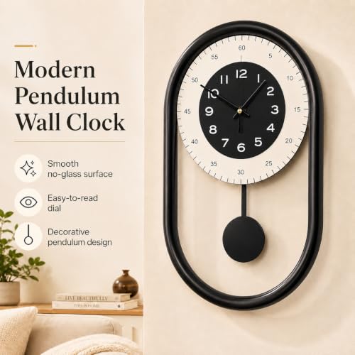 Modern Pendulum Wall Clock for Living Room Décor Kitchen Wall Clock | 8*15.5 inch Silent Battery Operated White and Black Decorative Minimalist Metal Wall Clock - color: Black