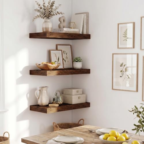 Fun Memories Wood Floating Shelves 20 Inch, 10 Inch Deep Shelves Wall Mount, Wall Shelves with Invisible Bracket, 20" Floating Shelves for Living Room Bathroom Bedroom, Rustic Brown, Set of 3 - color: Brown Color, size: 20W x 10D x 1.5H