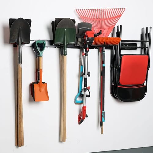 Wallmaster Garage Storage Organization Wall Mount, Garden Tool Rack Organizer Heavy Duty Folding Chair Hangers with 12 Adjustable Hooks 96inch Tracks Max Load 900lb - size: 12Hooks+6Panels