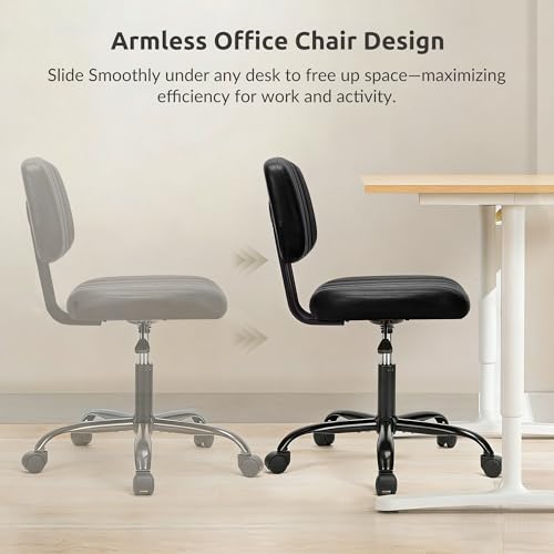 Swivel Rolling Office Chair, Armless Pu Leather Vanity Chair with Back Lumbar Support Height Adjustable Computer Chair, Small Desk Chair for Home Office, Black - color: Black