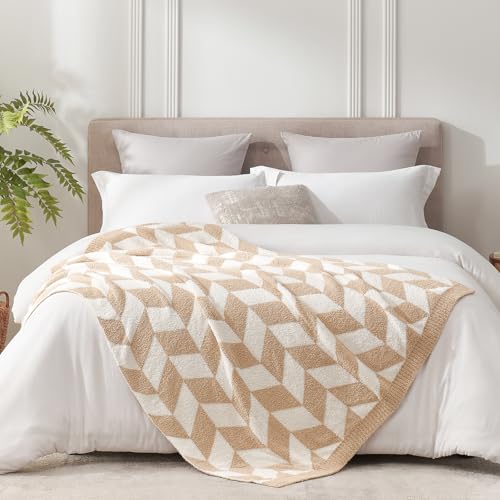 Snuggle Sac Chevron Throw Blanket for Couch, Reversible Super Soft Warm Blankets Cozy Knit Fuzzy Plush Lightweight Throws for Sofa, Bed, Camping, Beige,50x60 inches - color: Chevron Beige, size: Throw (50"x60")