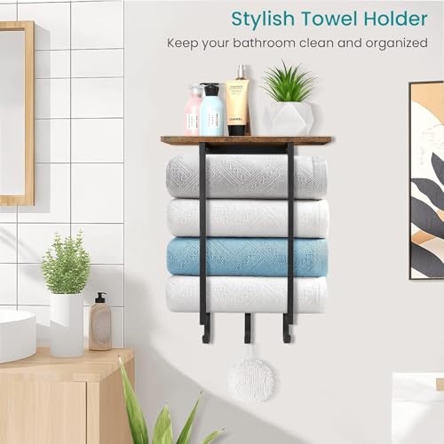ELITEROO Towel Racks for Bathroom Wall Mounted, Hanging Towel Holder | Wood Towel Rack Shelf with 3 Hook for Washcloths Hand Towel, Bath Towel Storage Organizer for Bathroom, RV, Rustic Brown - color: Rustic Brown
