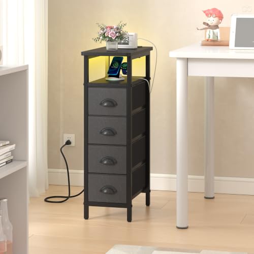 sthmec Nightstand Set 2 with Charging Station, Narrow End Table Set of 2 with 4 Drawers, LED Side Table with Fabric Drawers,Slim Sofa Couch Tables for Small Spaces,Living Room,Bedroom, Black - color: Black, style: Power & LED