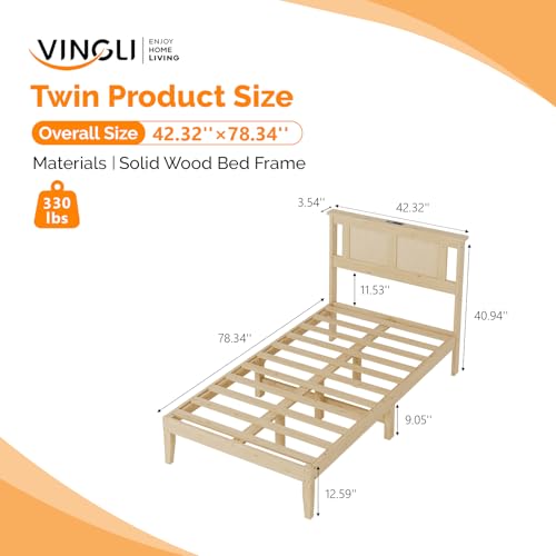 VINGLI Rattan Twin Bed Frame with Headboard,Boho Bed Frame with Underbed Storage and Charging Ports for Bedroom,Solid Wooden Slats Support,Noise-Free,Natural - size: Twin