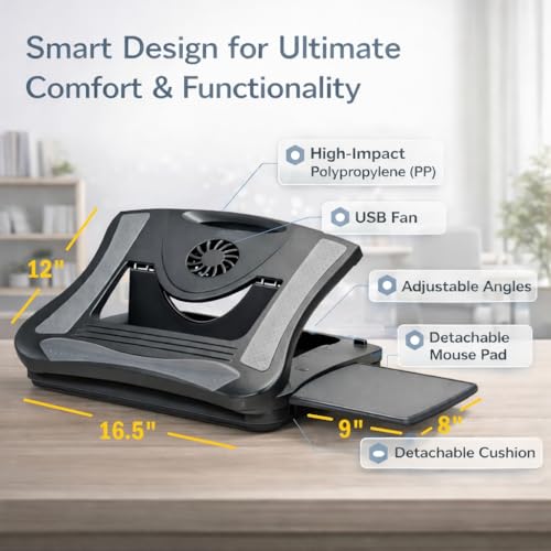 MAX SMART Laptop Lap Pad Laptop Stand with Attached Mouse Pad, Cushion and USB Cooling Fan, Non-Slip Heat Shield Tablet Computer Stand for Sturdy Work Station for Home, Office, Bed Sofa, Couch and Car