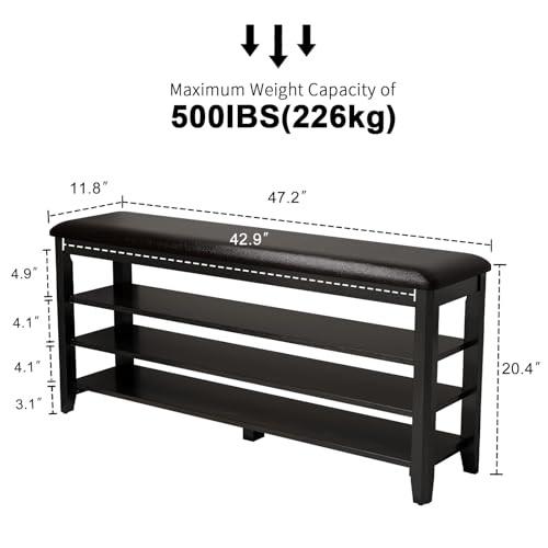 AQIMUELE Shoe Bench with Leather Cushion, 3 Tiers Shoe Storage Bench Height Adjustable, Walnut Wood Entryway Bench for Hallway, Mudroom - color: Black, size: 47.2"