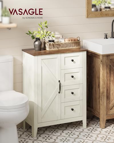 VASAGLE LIRY Collection - Storage Cabinet, Farmhouse Bathroom Floor Cabinet with 4 Drawers, Freestanding Storage Organizer, Barn Door, Adjustable Shelf, Rustic White, UBBK753W01 - color: Rustic White, size: 1 Door + 4 Drawers(31.5"H)