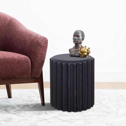 Afterglow Outdoor Round Side Table, 14.6" Retro Modern Fluted Accent End Table, Nightstand Bedside Tables for Living Room Bedroom Sofa Couch Small Space Patio Decor - color: Black Fluted Drum