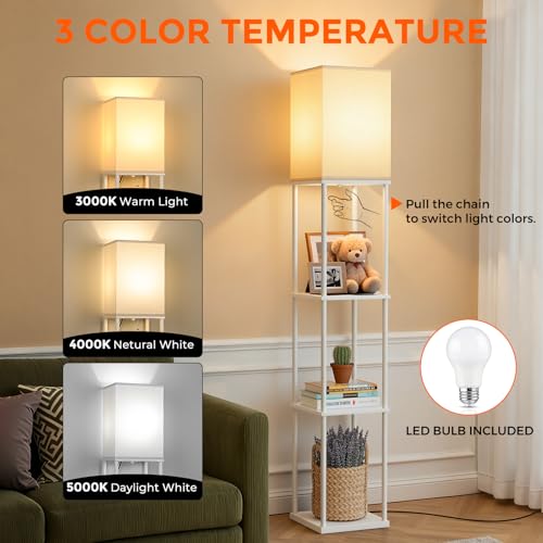 Floor Lamp with Shelves, 3-Tier Modern Square Bookshelf Standing Lamp White | 3 Color Temperature Bulb Included, Pull Chain Tall Lamp for Living Room Bedroom Corner Office Apartment Decor - color: White