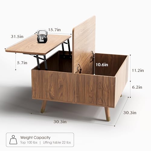JOINICE Walnut Lift Top Coffee Table with Storage for Living Room,Square | 32" Multi-functional Pop Up Center Table,Large Hidden Compartments with Solid Wood Legs,Lift to 23",Hold 100lbs,Easy Assembly - color: Walnut_square