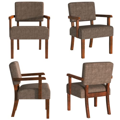 Accent Chairs Set of 2, 2 Solid Wood Armchairs with Side Table | Living Room Chairs with Soft Thicken Cushion, Comfy Reading Chair for Bedroom, Waiting Room, Home Office, Easy Assembly - color: Linen Brown, size: Set of 2 with table