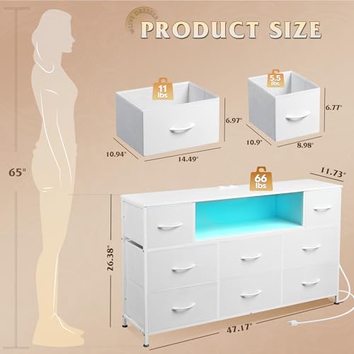 WLIVE LED Dresser TV Stand for 55 Inch TV, 8 Drawers, White | Fits TVs up to 55 inch, 8 fabric drawers, LED chest of drawers, Built-in power outlet, Living room or bedroom - color: White