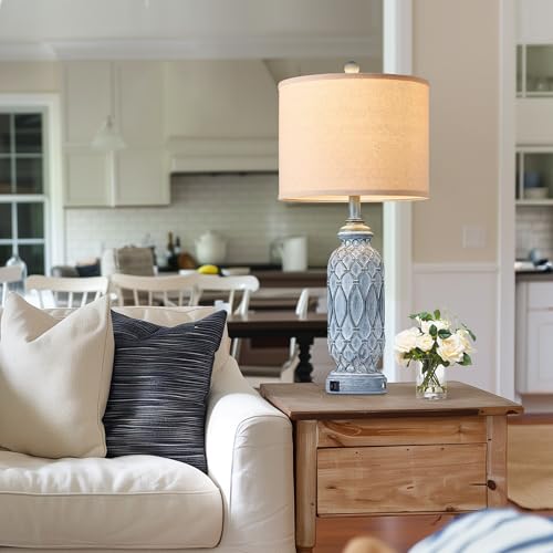 Farmhouse Lamps for Bedroom Set of 2, 28" Rustic Lamps for Living Room with USB Ports, 3-Way Dimmable Nightstand Table Lamp (Bulbs Included) - color: 3.Blue