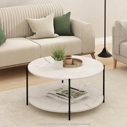 Furinno BESI 2-Tier Round Modern Coffee Table with Metal Legs, Side Table with Open Shelf, for Living Room, Bedroom, Home Office, Marble White - color: Marble White/Black, size: Metal Frame Coffee Table
