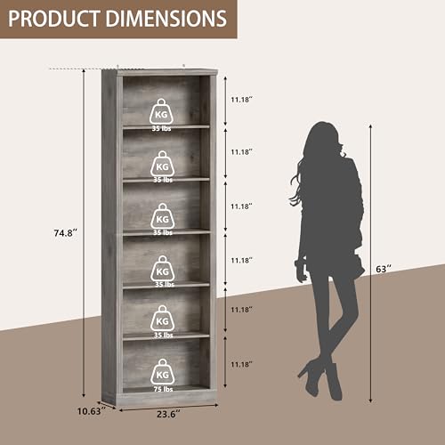 Thacuok Grey Bookshelf, 75" Tall Bookcase, 6 Tier Adjustable Storage Shelves, Book Shelf with Anti-Tipping Device, Floor Standing Modern Display Rack for Living Room, Bedroom, Office - color: Grey