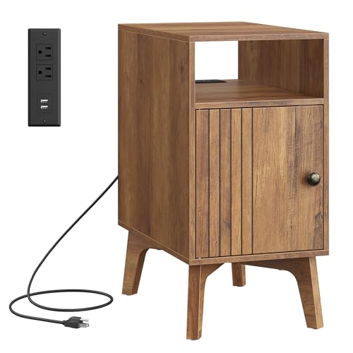 VASAGLE MAEZO Collection - End Table with Charging Station, Narrow Side Table, Nightstand with Tapered Legs, Curved Transitions, for Small Spaces, Bedroom, Honey Brown ULET329K101S - color: Honey Brown