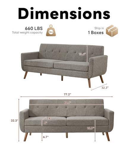 Tbfit 77.2" W Linen Sofa Couch, Mid Century Modern Decor Loveseat Couches for Living Room, Button Tufted Upholstered Small Couch for Bedroom, Solid, and Easy to Install Love Seats Furniture, Grey - color: Grey, size: 78 inch