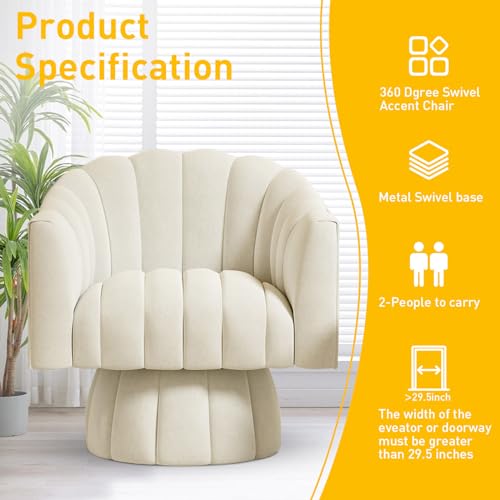 Dewhut Swivel Accent Chair, Barrel Accent Chair, Velvet, Beige | Velvet Upholstered Round Arm Chair with 360° Swivel Base, Mid Century Modern Living Room Chair, Easy Setup - color: Beige