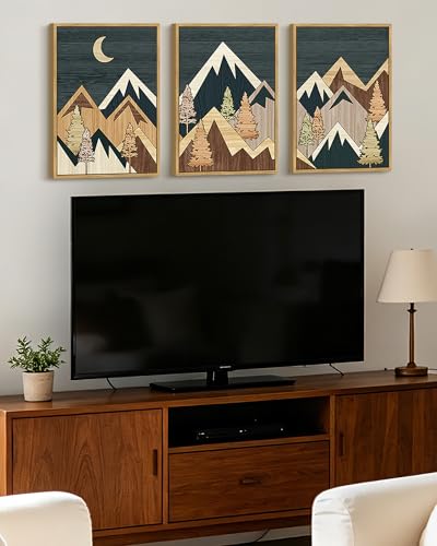 KUVIOKE Morden Mountains Framed Wall Art Boho Pine Tree Forest Nature Landscape Artwork Bohemain Farmhouse Rustic Bedroom Decor 12x16in (Natural Framed) - color: Wood Mountain, size: 12 x 16in x 3 Panels Natural