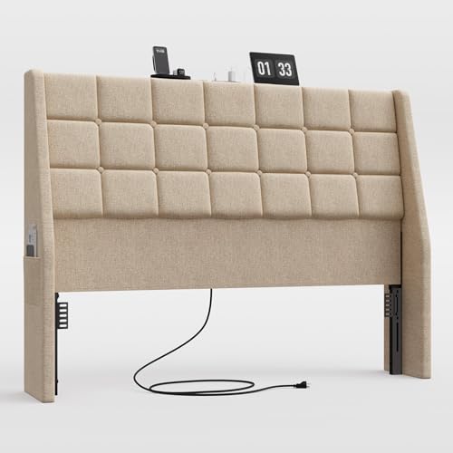 Ergonomic Upholstered Headboard Queen Size w/Charging Station, Linen Wingback Headboards w/Storage Pocket, Queen Headboard Only, Bed Frame Adapters, Sturdy Stable Solid Wood Bed Head Board, Beige - color: Beige, size: Queen