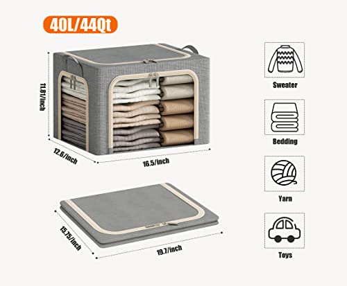 3 Openings Clothes Storage Bins with Metal Frame, Foldable Storage Bin for Clothes, Clothing Storage Bins with Lid, Linen Storage Box With Clear Window& Zippers& Durable Handles.(3 Pcs,Light Grey,40L) - color: Light Grey, size: Medium-(16.5 x 12.6 x 11.8