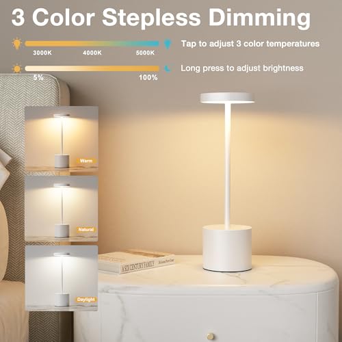 Kakanuo White Cordless Lamp Set, Rechargeable Lamp, 3 Color Temperature, LED Outdoor Wireless Lamps, Battery Operated Lamps, Stepless Dimmable, Touch Control - color: White