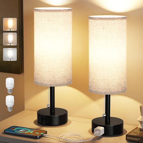 Grey Bedside Table Lamps Set of 2 - Bedroom Lamp for Desk, AC Outlet | 3CCT(3000K/4000K/5000K), LED Bulbs Included, Grey Fabric Lampshade, 14in Small Lamp for Nightstand, Guest Room, Living Room - color: Gray, size: 14.0in