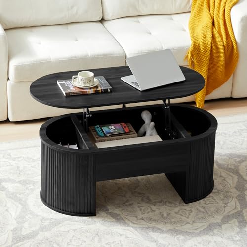 QHITTY Fluted Coffee Table with Lifting Top, Oval Wood Lift Top Coffee Table with Hidden Compartment, Mid Century Pull up Center Tables for Living Room, Office - Black - color: Round Table-black