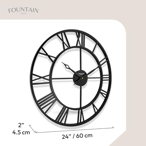 24 Inch Wall Clocks for Living Room Decor,Roman Numeral | Silent Non Ticking,Battery Operated,Durable Black Metal Wall Clock for Dinning Room, Entryway & Home Office - size: 24 Inch