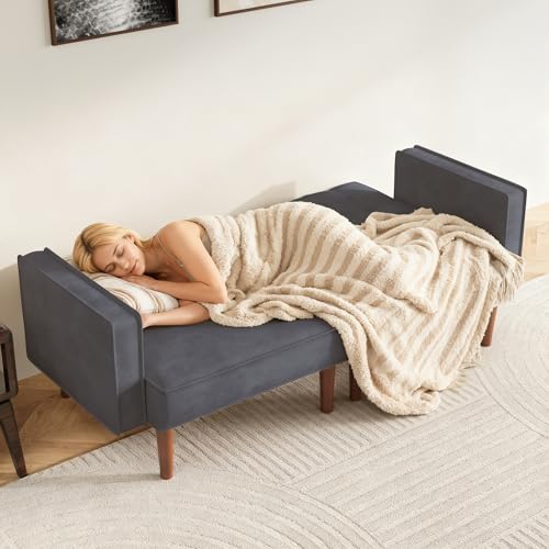 Furnify 71" Velvet Futon Sofa Bed, Versatile Loveseat Couch, Sleeper Sofa with Adjustable Backrest, Mid Century Modern Futon Couch for Small Space, Living Room, Office & Apartment, Velvet Fabric Grey - color: Grey