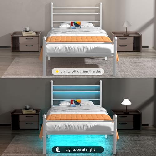 J.Fkne Twin Bed Frame with LED Lights & Charging Station, Metal Platform Bed with Headboard, Heavy Duty Metal Slats, No Box Spring Needed, Noise Free, Easy Assembly, White - size: Twin, style: Classic White