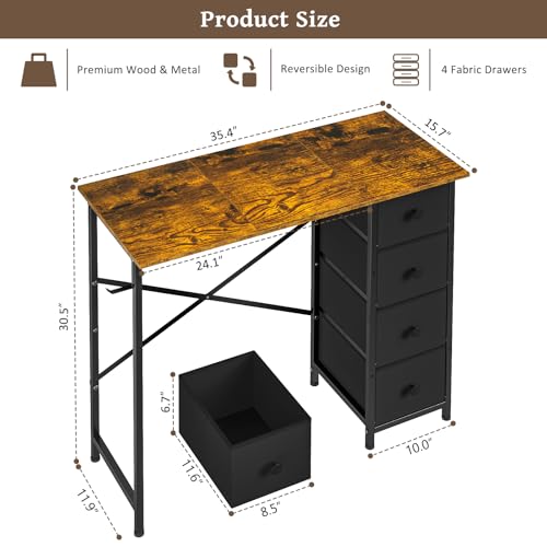 Small Computer Desk with 4 Fabric Drawers, 36 Inch Reversible Writing Desk for Home Office Bedroom, Modern Simple Kids Student Study Desk with Storage, Compact Desk for Small Spaces, Rustic Brown - color: Brown