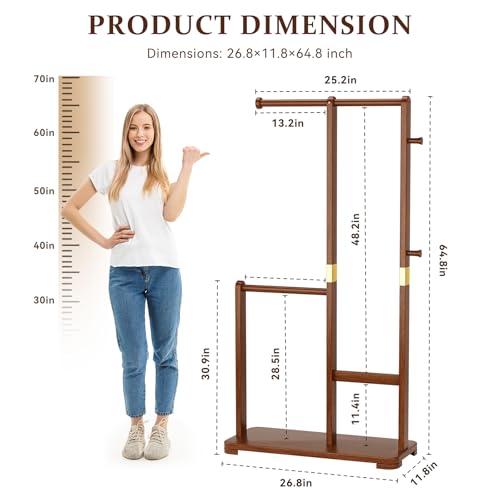 Solid Wood Coat Rack Freestanding Double Rod Clothes Rack Space Saving - color: Walnut