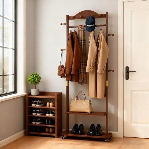 Walnut Brown Solid Wood Coat Rack Freestanding with Wheels - Heavy Duty Clothes Rack with 2 Storage Shelves & 9 Hooks, Wooden Coat Rack Stand Hat Hanger Rack for Bedroom Entryway Living Room Hotel - color: Walnut 2
