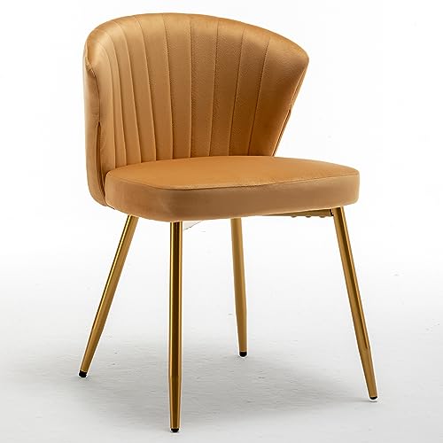 GDFStudio 31" Modern Velvet Accent Chair, Comfy Lounge Chair, Upholstered Side Chair with Channel Tufted Back, Gold Metal Legs, Armless Reading Chair for Living Room Bedroom Small Spaces, Brick Yellow - color: Brick Yellow + Polyester