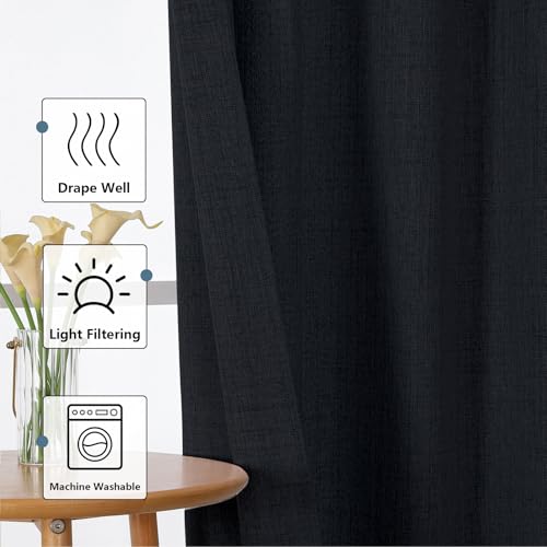 Chyhomenyc Black Curtains 90 Inches Long 2 Panels, Light Filtering Textured Window Curtains for Living Room, Elegant Soft Airy Rod Pocket Farmhouse Bedroom Curtain, 50Wx90L, 2PCS - color: Black, size: 50"W x 90"L (Pack of 2)