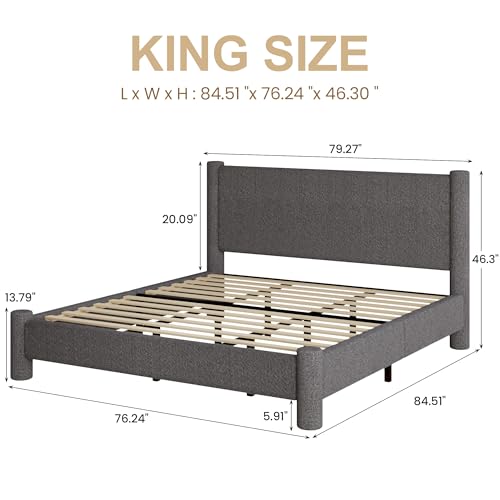 REVOMINCA King Boucle Bed Frame with Headboard & Footboard, Dark Grey | Upholstered platform frame has soft rounded corners, requires no box spring, and is easy to assemble. - color: Dark Grey, size: King