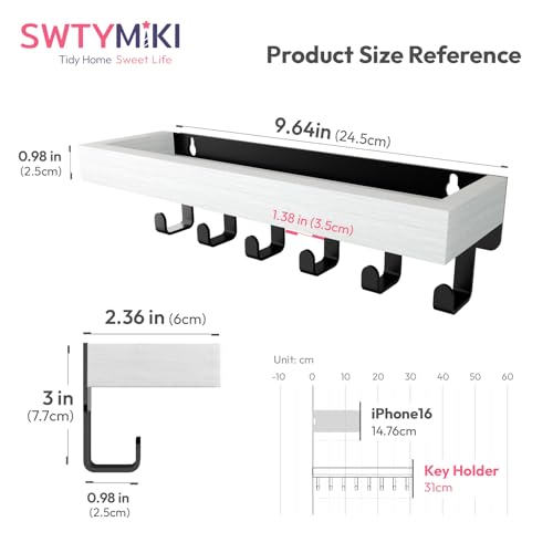SWTYMIKI Key Holder Wall Mount - Wooden Key Hooks for Wall with Mail Organizer & 6 Hooks, 2 Installation Ways Key Hanger, Key Rack with Shelf for Entryway Living Room Bedroom Office Home Decor White - color: White