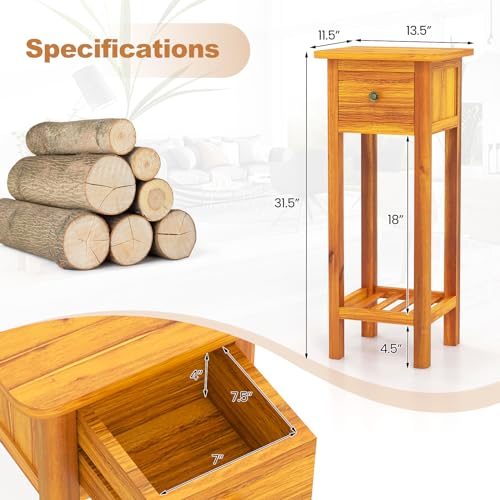 Narrow Side Table, Tall Nightstand with Drawer and Shelf, Small Bedside Tale for Small Space, Living Room End Tables, No Assembly (1, Brown) - color: Brown