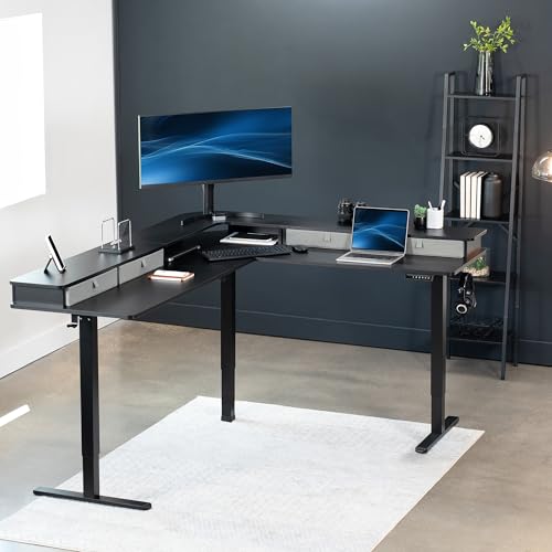 VIVO Black 75 x 63 in Corner Standing Desk, DESK-E3CVB-75 | Electric, 2-Tier, Holds 225 lbs, L-Shaped, Sit Stand, Height Adjustable, Memory Presets, Black Frame, Light Gray Drawers - color: Black Top / Black Frame, size: 75 x 63 + storage