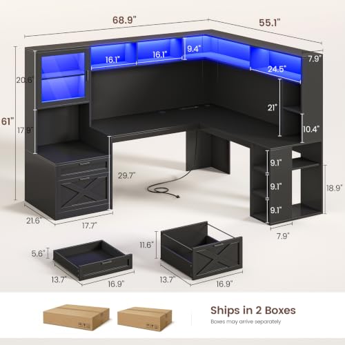 SEDETA Farmhouse L Shaped Computer Desk with Double Hutch, Storage Drawers | 68" Large L Shaped Corner Gaming Desk with LED Lights, Shelves, Display Cabinet, Power Outlet for Home Office, Black - color: Black, size: l shaped desk with Double Hutch
