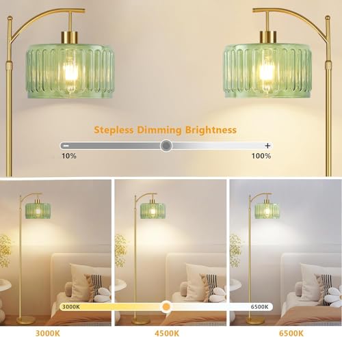 ILLMTW Glass Floor Lamp for Living Room,Bedroom,Gold Mid Century Modern Standing Lamp with Remote,Dimmable Brass Tall Lamp Vintage Retro Green Arc Flower Floor Light Boho Bohemian - size: Floor Lamp-21