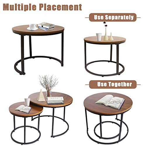 aboxoo Coffee Table Nesting Side Round Set of 2 End Table Top Sturdy Metal Frame Desk Centerpiece Living Room Bedroom Apartment Modern Industrial Simple Nightstand - color: Black Brown