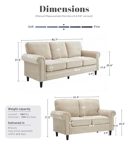 Loveseat 2 & 3 Seater Couch with Chair, Mid Century Modern Chenille Sofa Set with Rolled Arms and Deep Seats, Fluffy Comfort for Living Room, Apartment, Easy Assembly, Khaki - color: Khaki, size: Chenille Standard + Loveseat