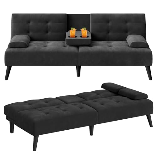64" Futon Sofa Bed, Convertible Loveseat with 2 Cup Holders, Small Couch with 3 Adjustable Angles, Removable Armrests, Small Sofa for Apartment, 5.3 FT, Black - color: Black